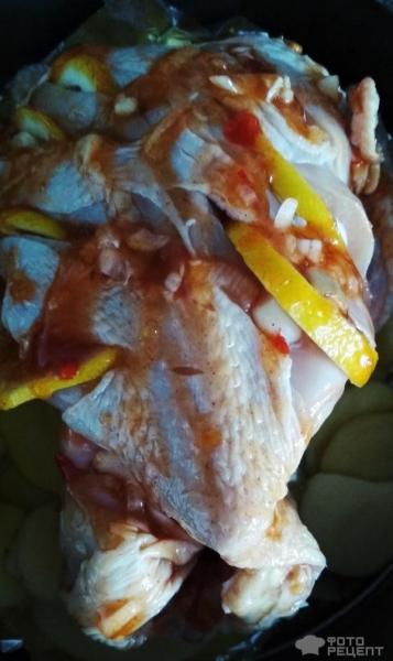 Рецепт: Запеченный цыпленок с картошкой - В духовке, с соусом, с лимоном